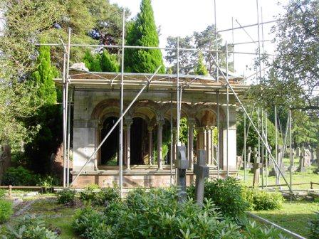Drake mausoleum, Brookwood Cemetery, with scaffolding erected, May 2007